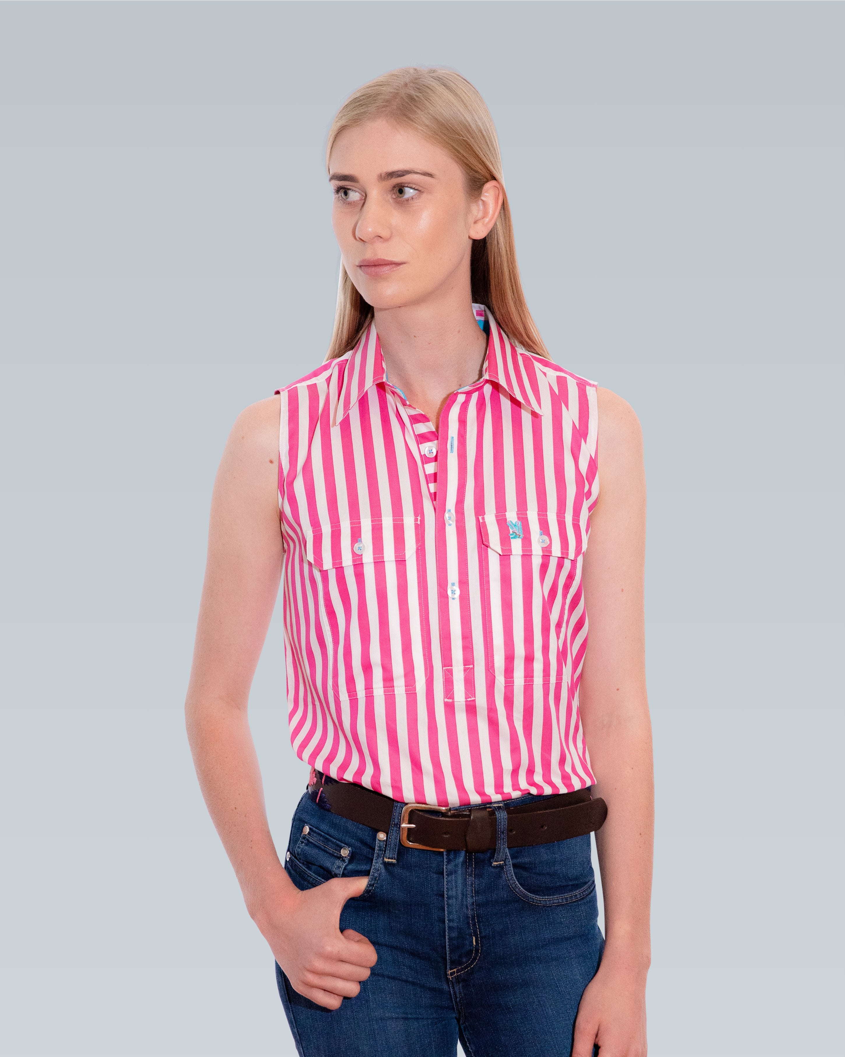 Sleeveless X-Thick Fuchsia Stripe w. Aqua Trim