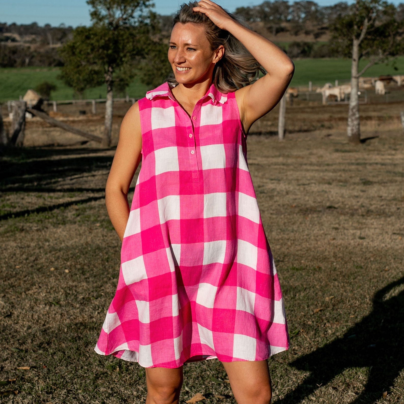 Pink and clearance white checked dress