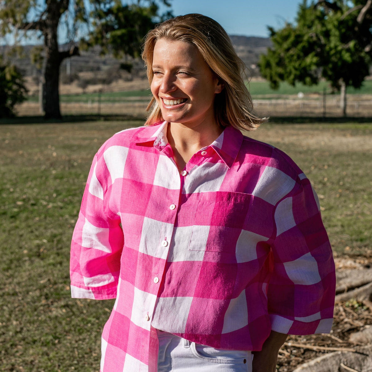 逆輸入 large-pink-check-top- トップス