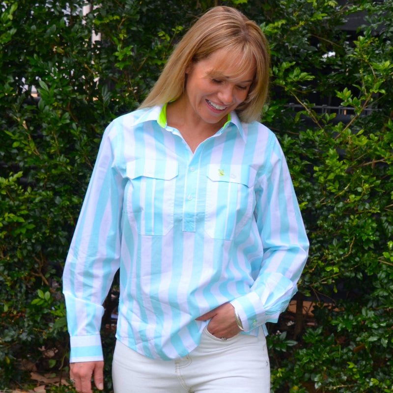 Ladies Cleland Aqua Stripe - Yellow Trim