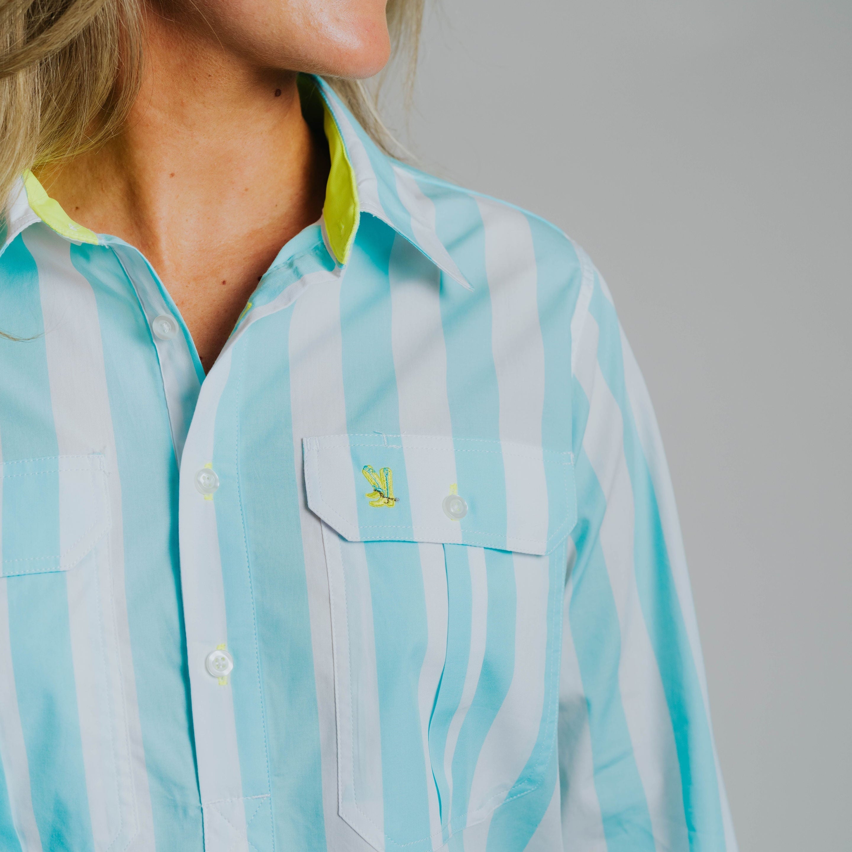 Ladies Cleland - Aqua Stripe - Yellow Trim