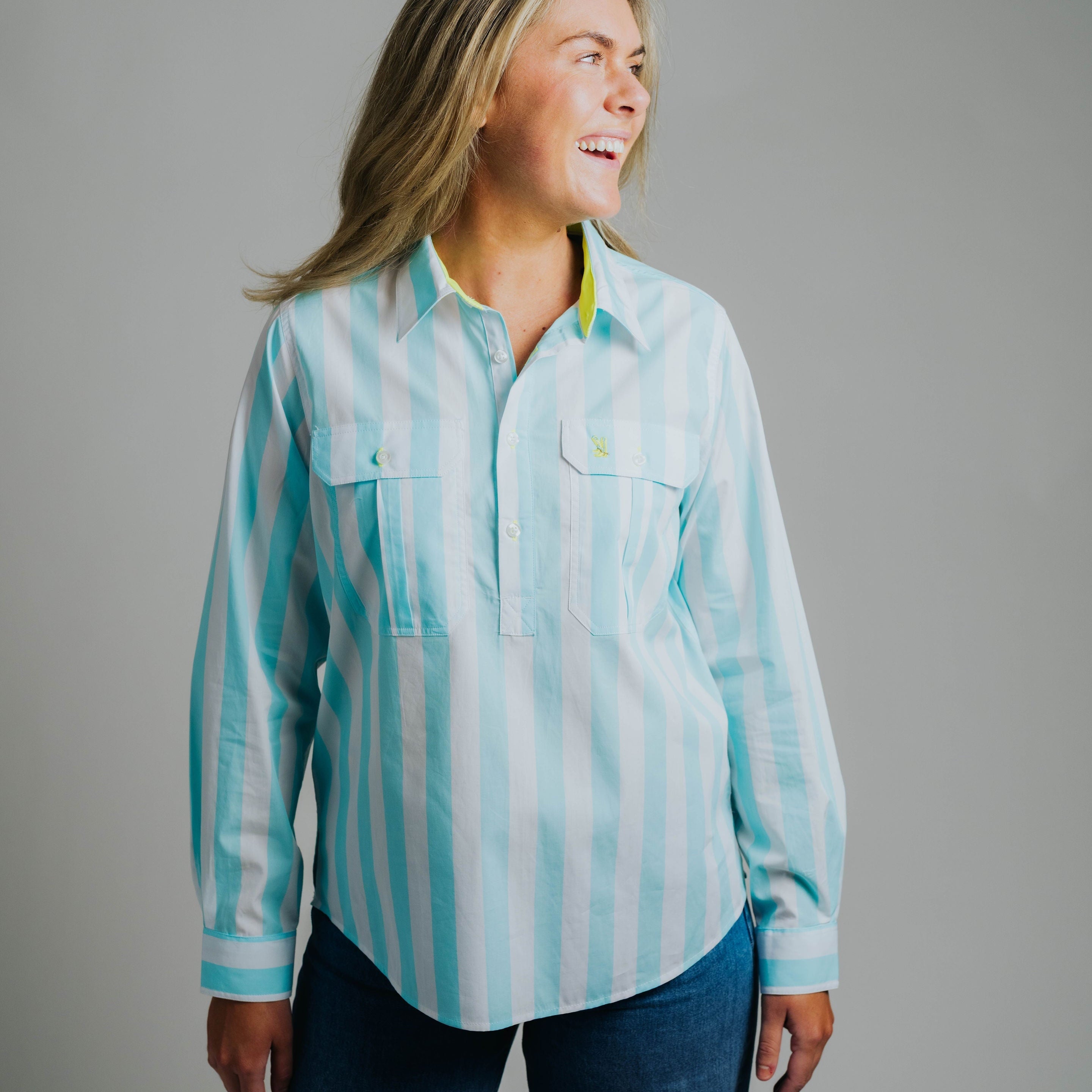Ladies Cleland - Aqua Stripe - Yellow Trim