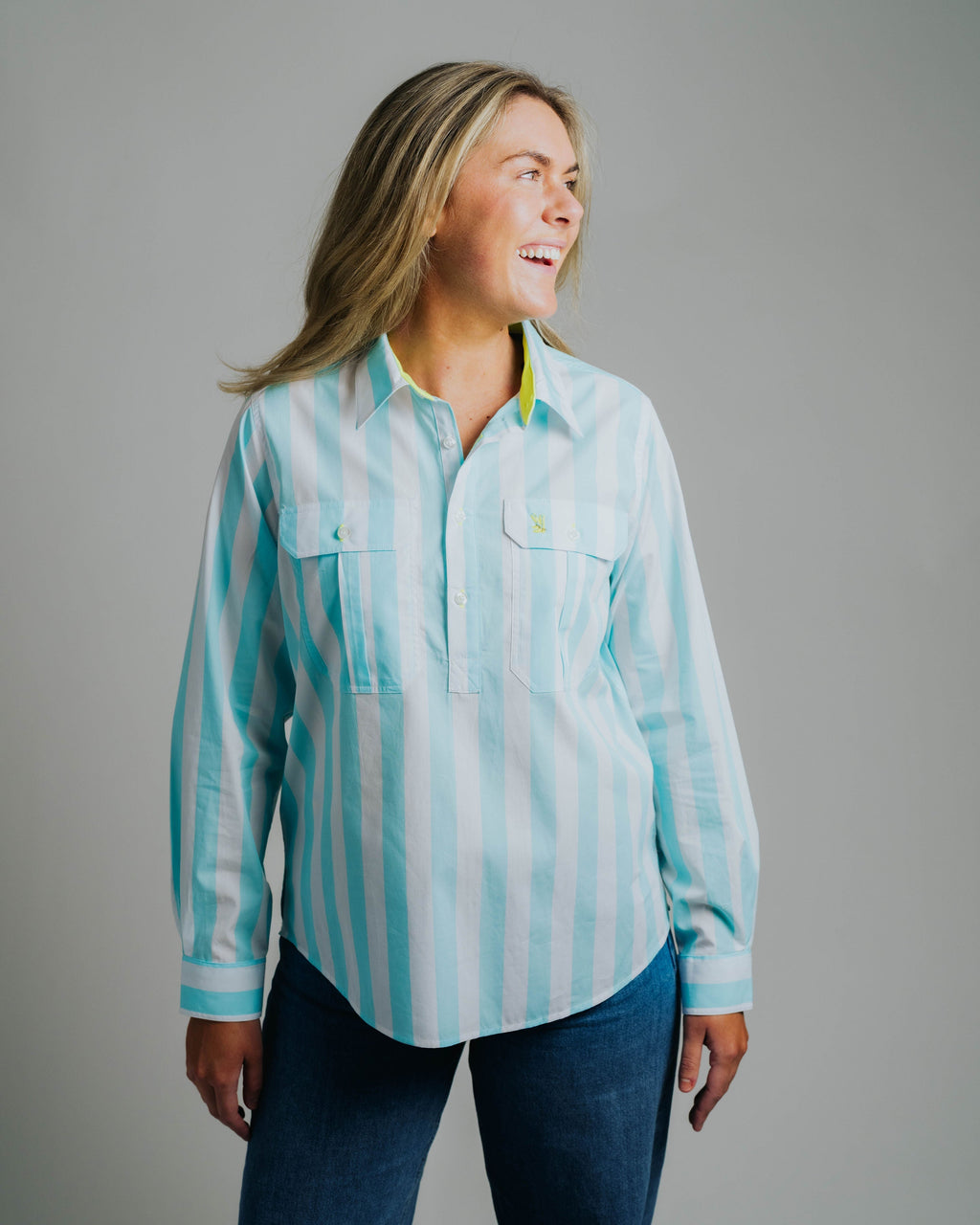 Ladies Cleland - Aqua Stripe - Yellow Trim