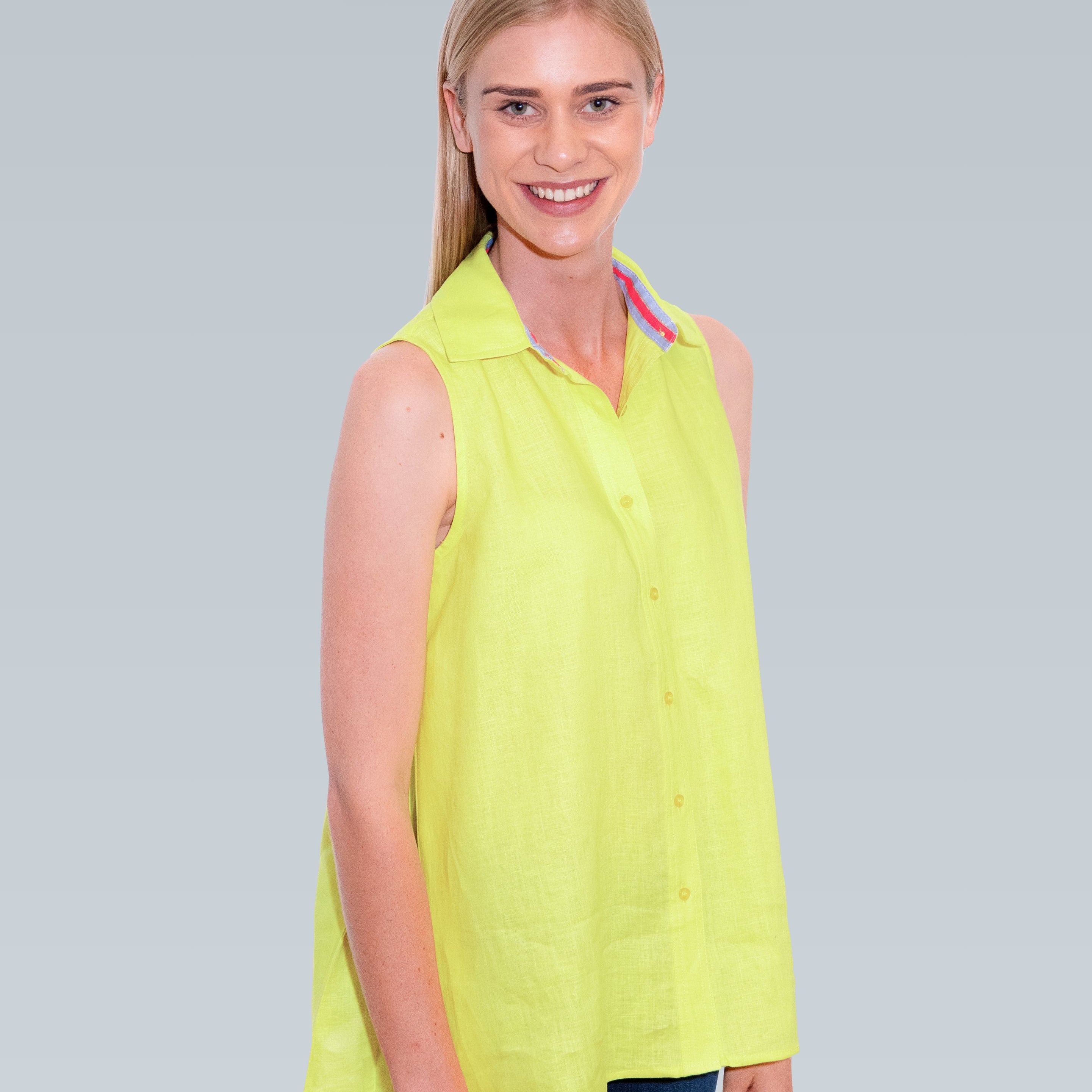 Linen Sleeveless Swing Shirt - Lime Yellow