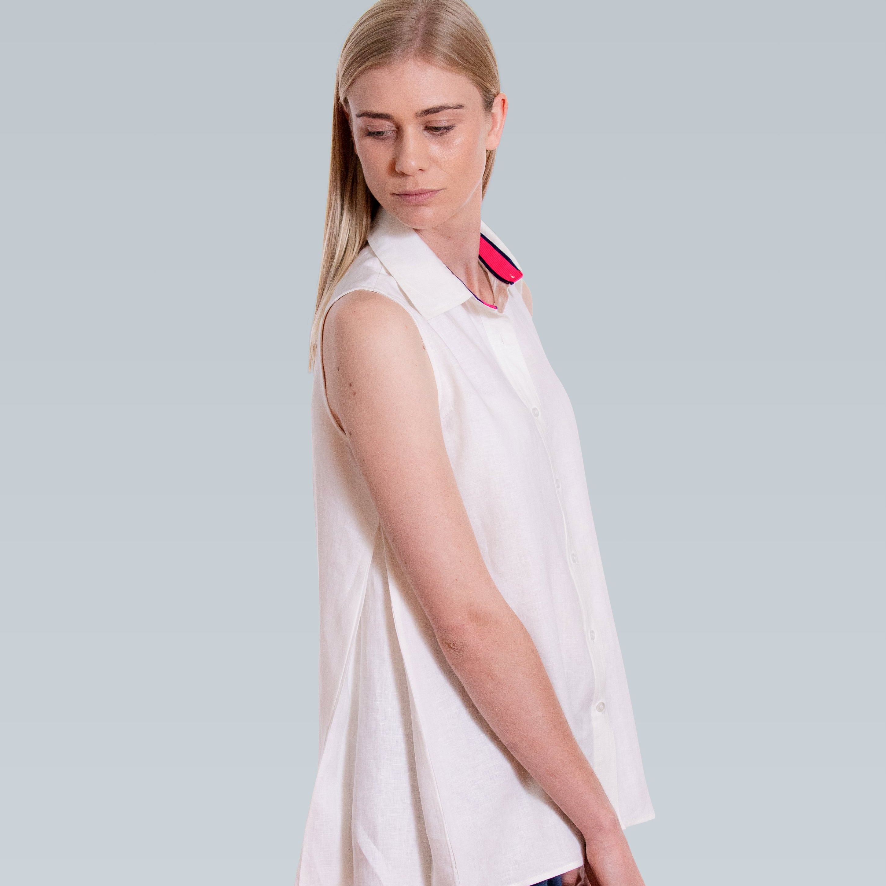 Linen Sleeveless Swing Shirt - White
