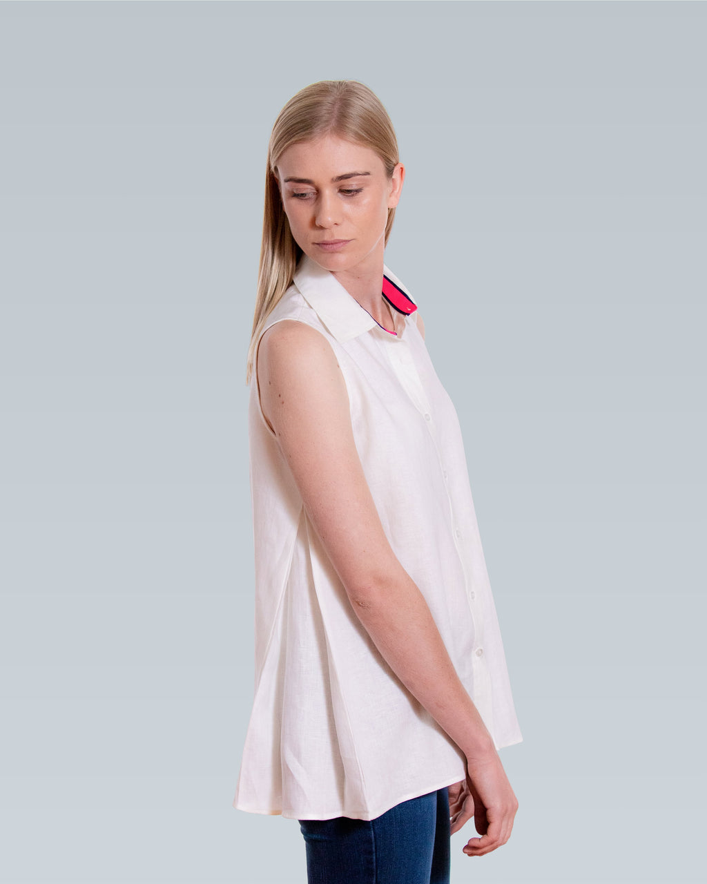 Linen Sleeveless Swing Shirt - White