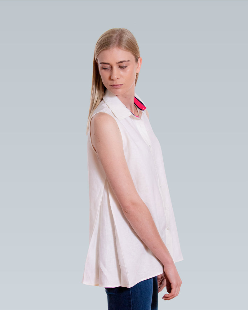 Linen Sleeveless Swing Shirt - White