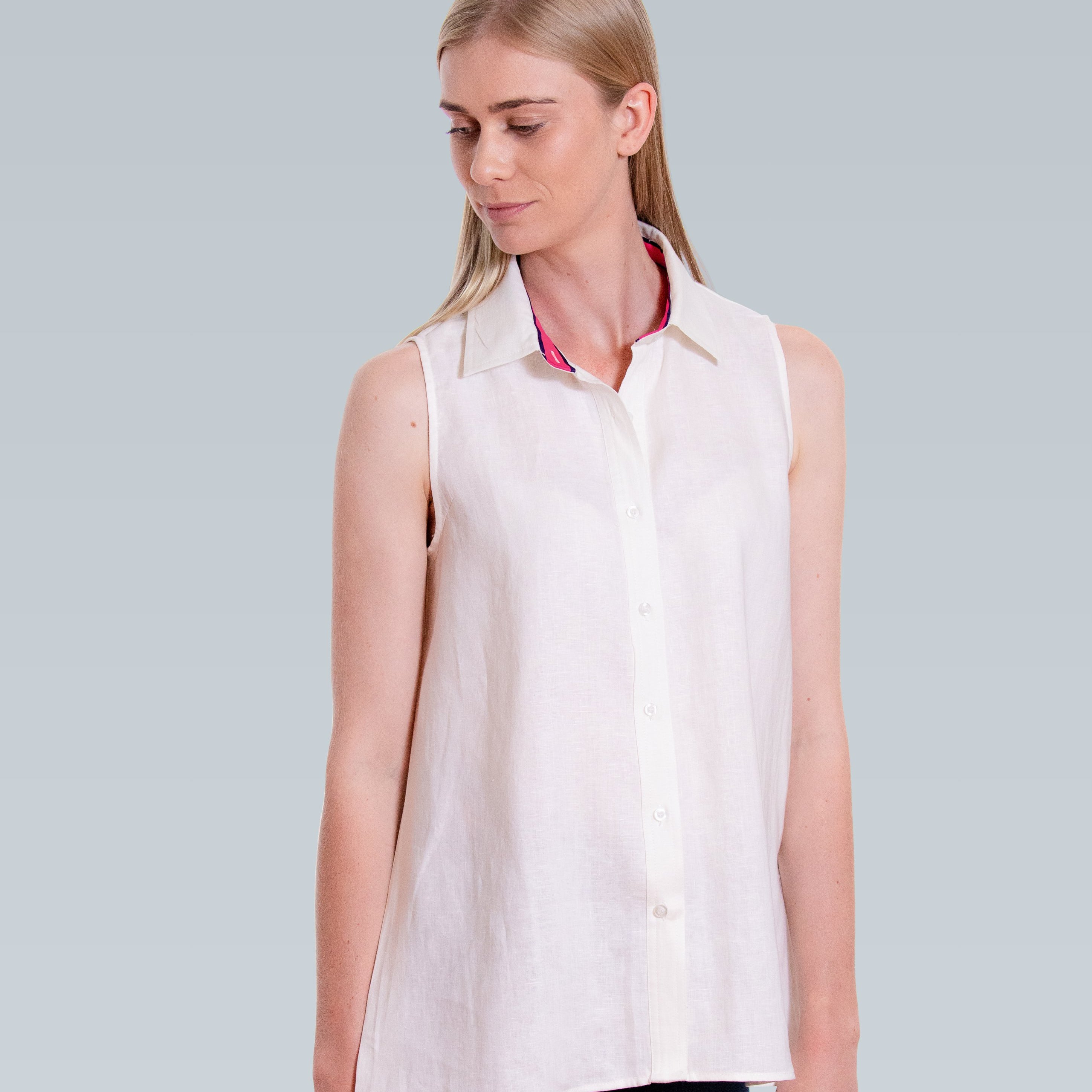 Linen Sleeveless Swing Shirt - White