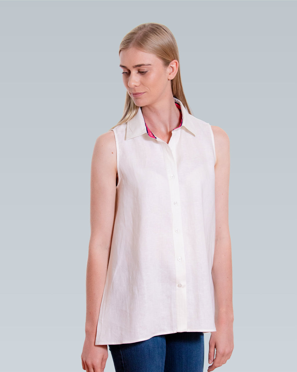 Linen Sleeveless Swing Shirt - White