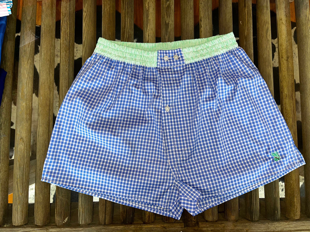 Mens Boxer Shorts Blue Check / Green Trim