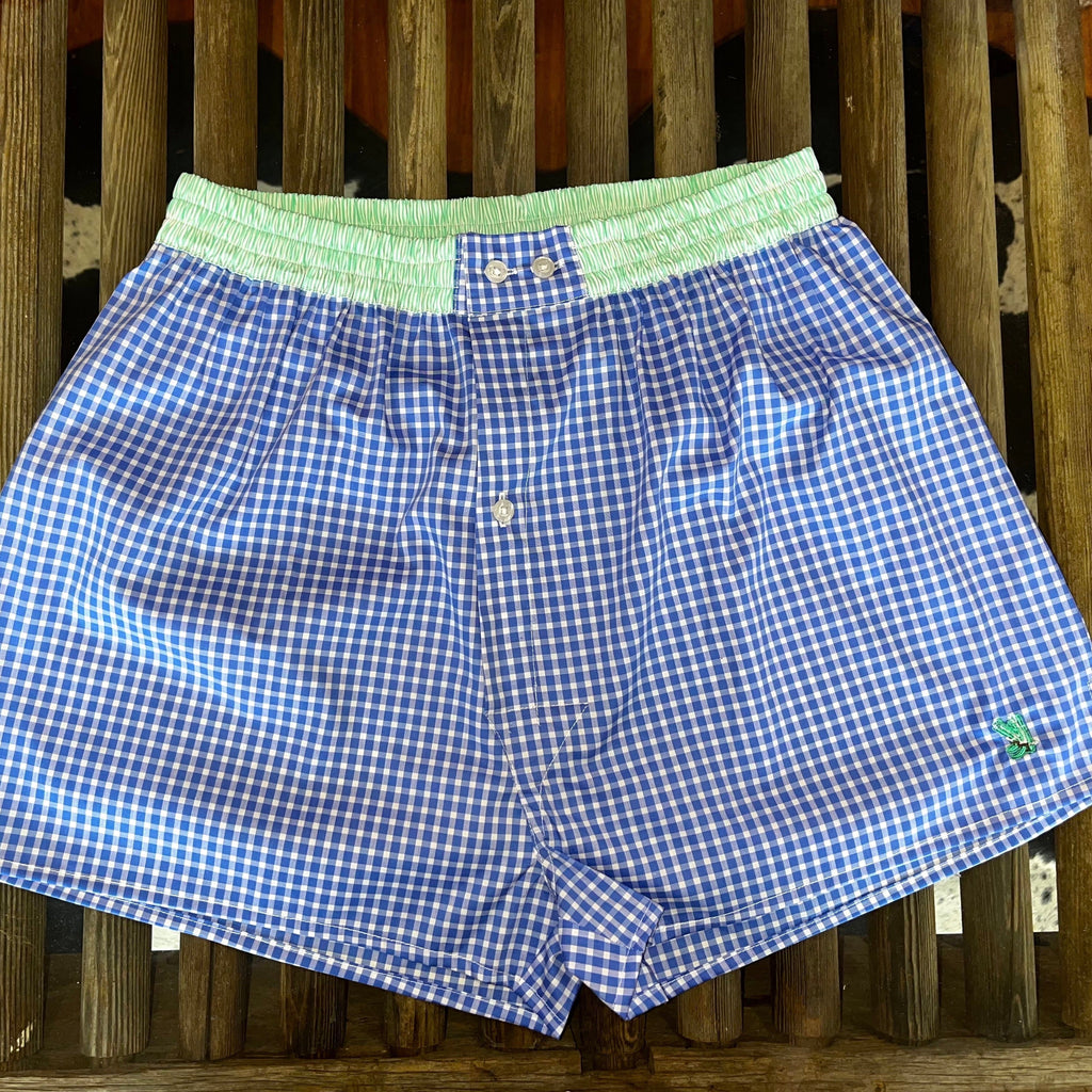 Mens Boxer Shorts Blue Check / Green Trim