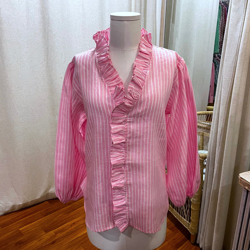 Olive Ruffle Top - Pink Stripe