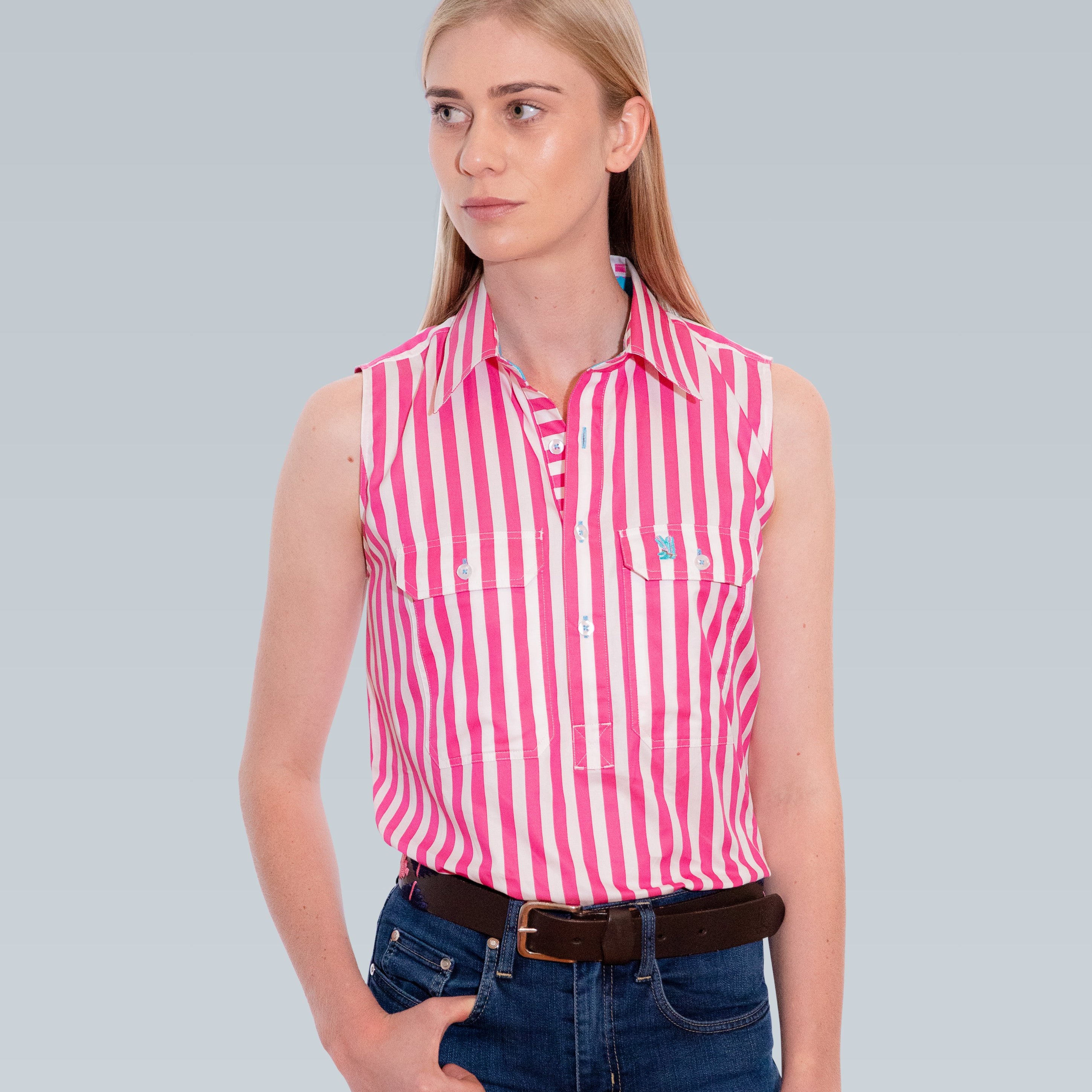 Sleeveless X-Thick Fuchsia Stripe w. Aqua Trim
