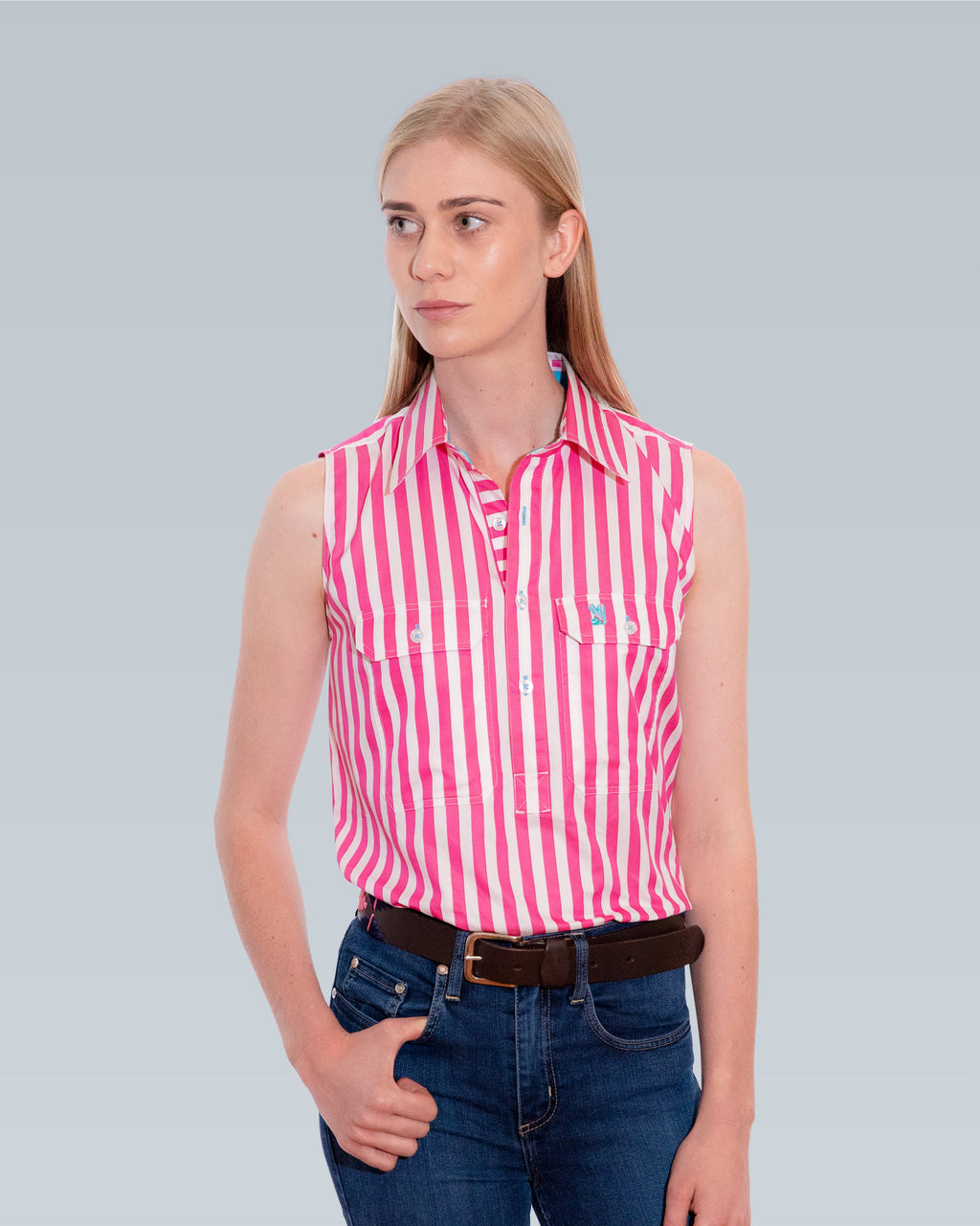 Sleeveless X-Thick Fuchsia Stripe w. Aqua Trim