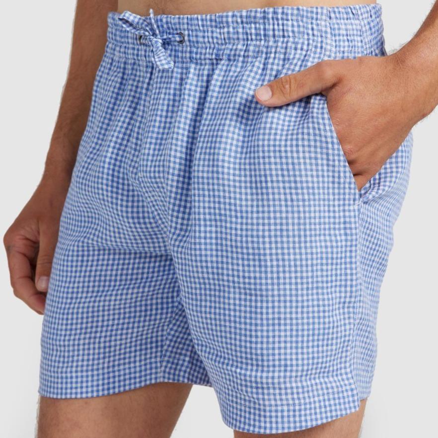 Mens Blue Check Linen Shorts