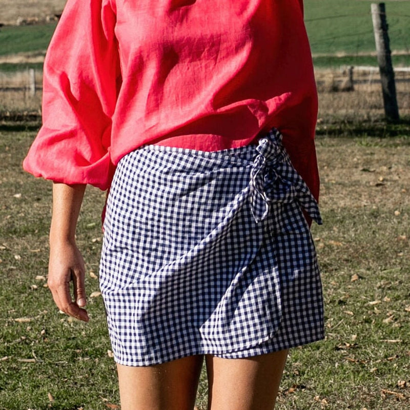 Short Juno Wrap Skirt - Navy Gingham
