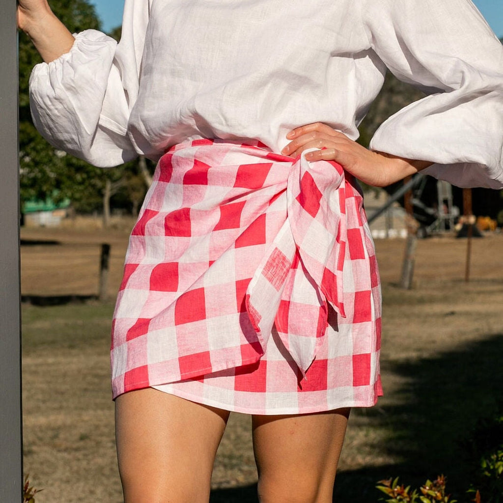 Short Juno Wrap Skirt - Pink Check