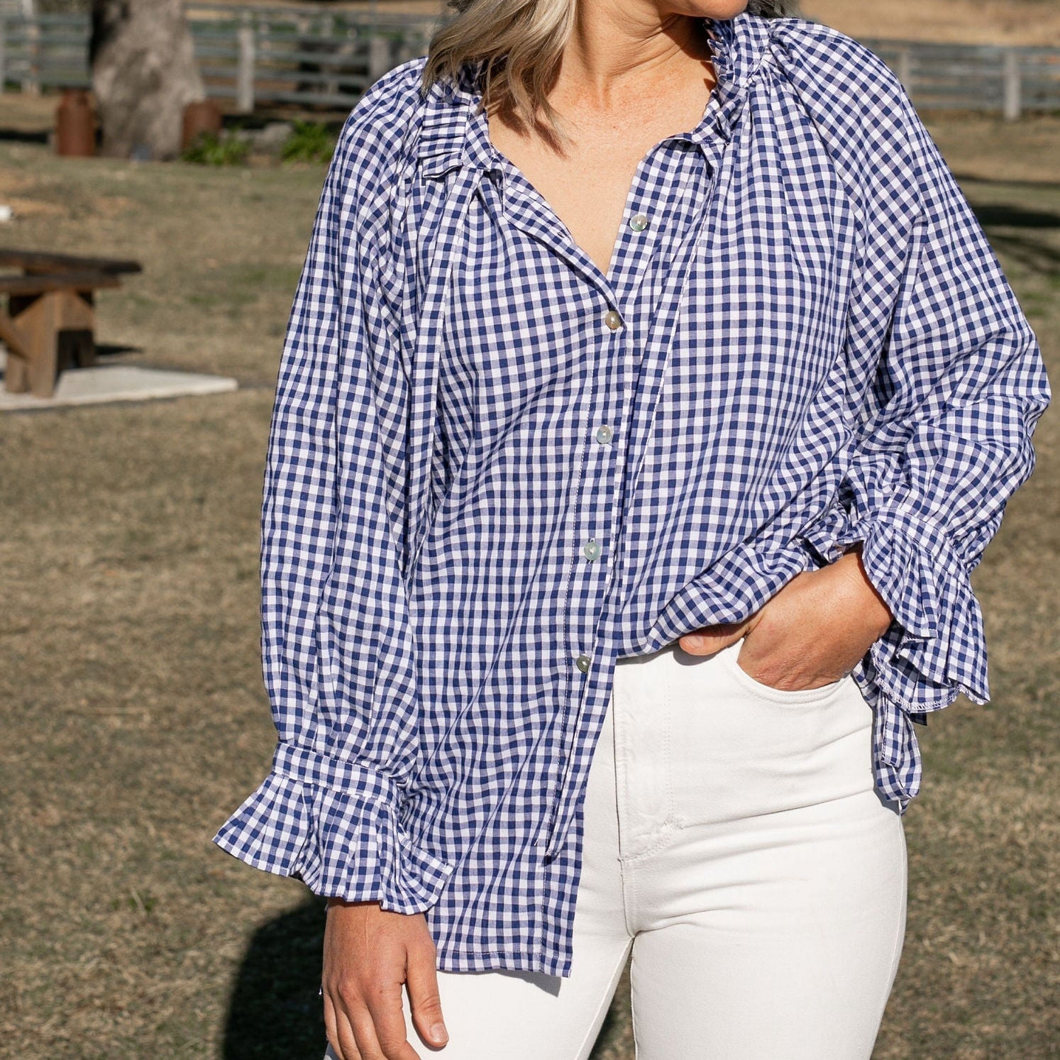Blouse No.15 Puff Sleeve Linen Shirt in Navy Gingham